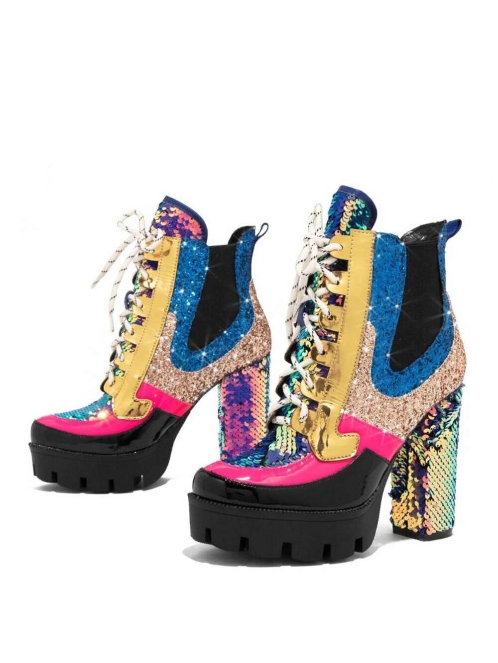 NEW🔥Mermaid Sequin Glitter Lace Up Combat Ankle Booties Boot Platform High Heel - Picture 5 of 6